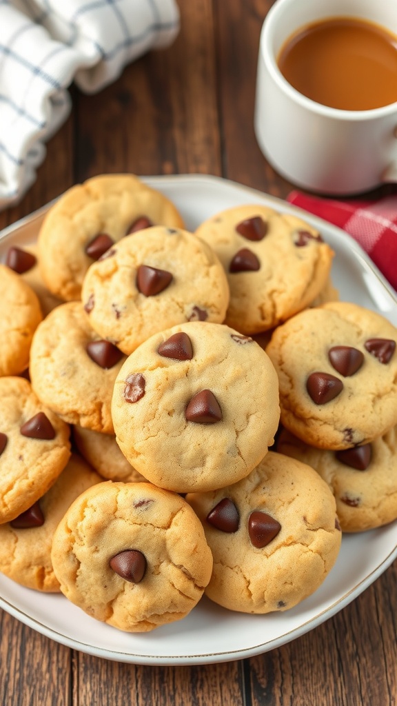 A plate of chocolate chip shortbread cookies on a wooden table next to a cup of coffee.